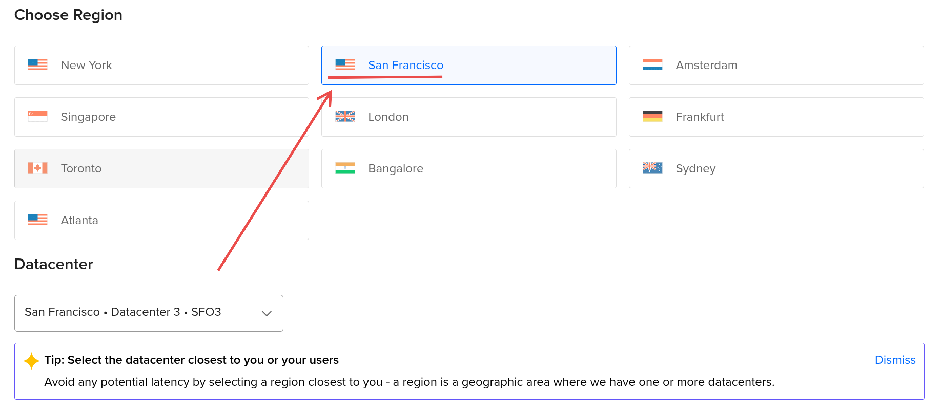 Escolha da região na DigitalOcean